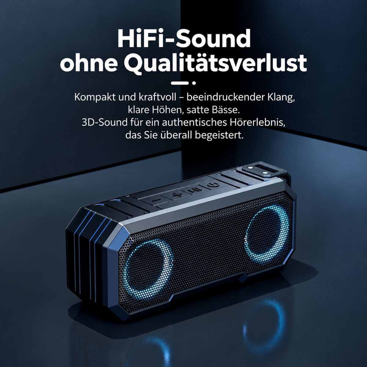 Ein schwarzer, robuster Bluetooth-Lautsprecher mit blauen LED-Ringen an den Treibern und deutscher Werbetext.
