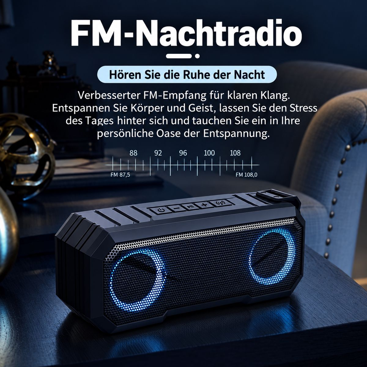 Ein schwarzer Bluetooth-Lautsprecher mit blauem Licht steht auf einem dunklen Tisch, im Hintergrund ein gemütliches Zimmer.