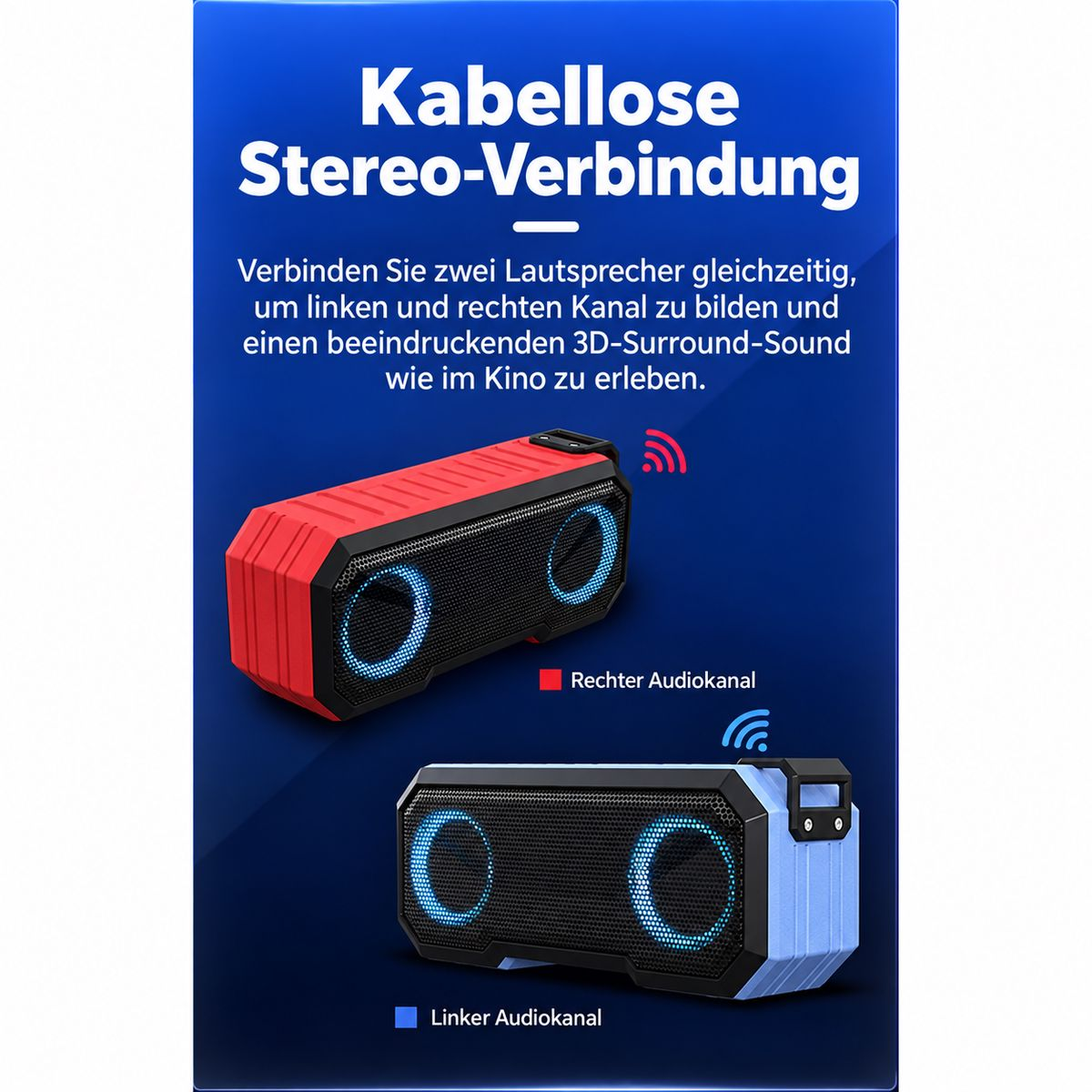Werbung für kabellose Stereo-Lautsprecher in Rot und Blau mit rechtem und linkem Audiokanal für 3D-Sound.