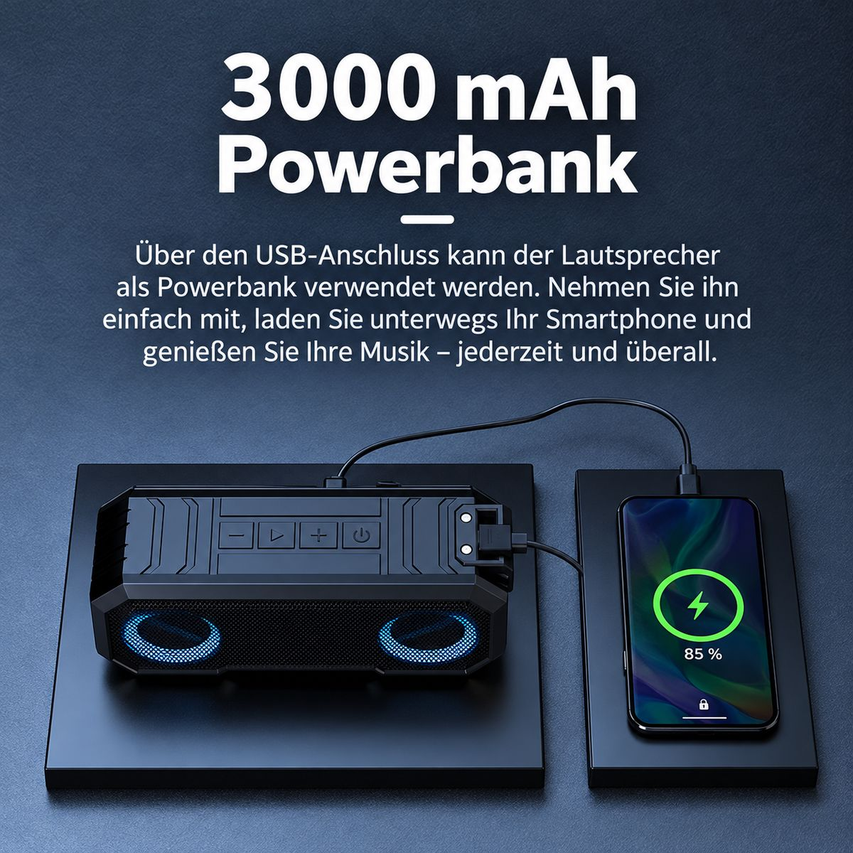 Ein tragbarer Lautsprecher lädt ein Smartphone auf, beworben als 3000 mAh Powerbank mit USB-Anschluss.