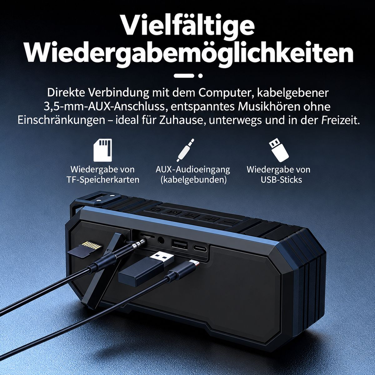 Schwarzer Bluetooth-Lautsprecher mit TF-Karten-, AUX- und USB-Anschlüssen sowie deutscher Textgrafik.