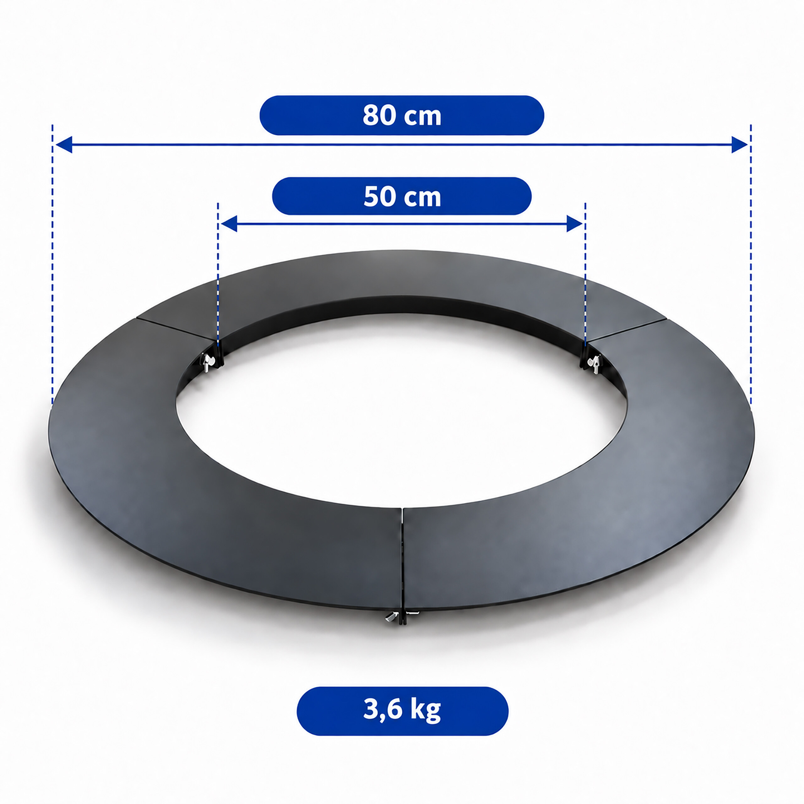 Ein schwarzer, runder Ring aus vier Teilen mit Maßen: 80 cm Außendurchmesser, 50 cm Innendurchmesser und 3,6 kg Gewicht.