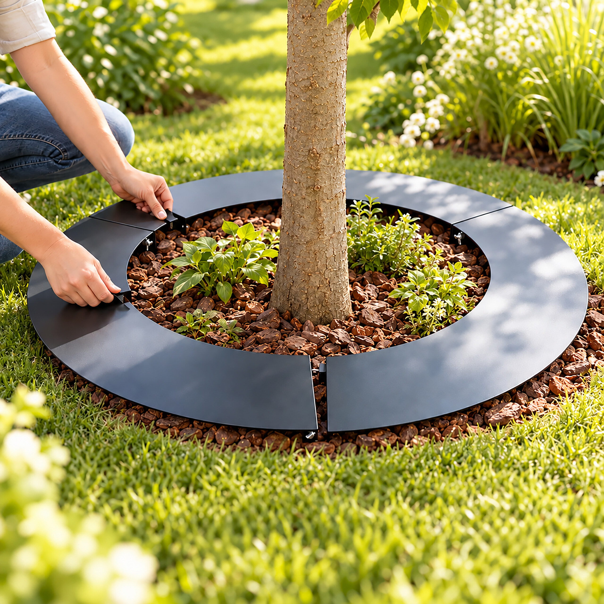 Eine Person installiert eine graue Baumring-Einfassung in einem grasbewachsenen Garten.