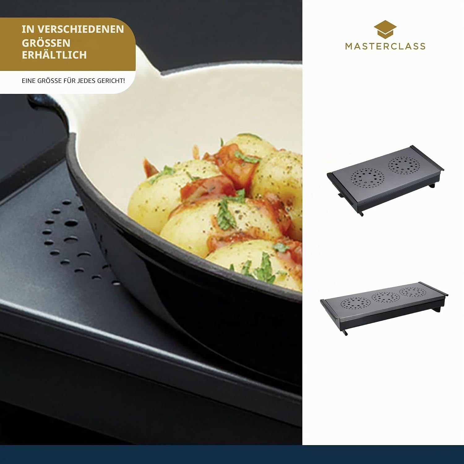 Masterclass-Warmhalteplatte auf einem Tisch mit einer gusseisernen Pfanne voller Kartoffeln daneben.