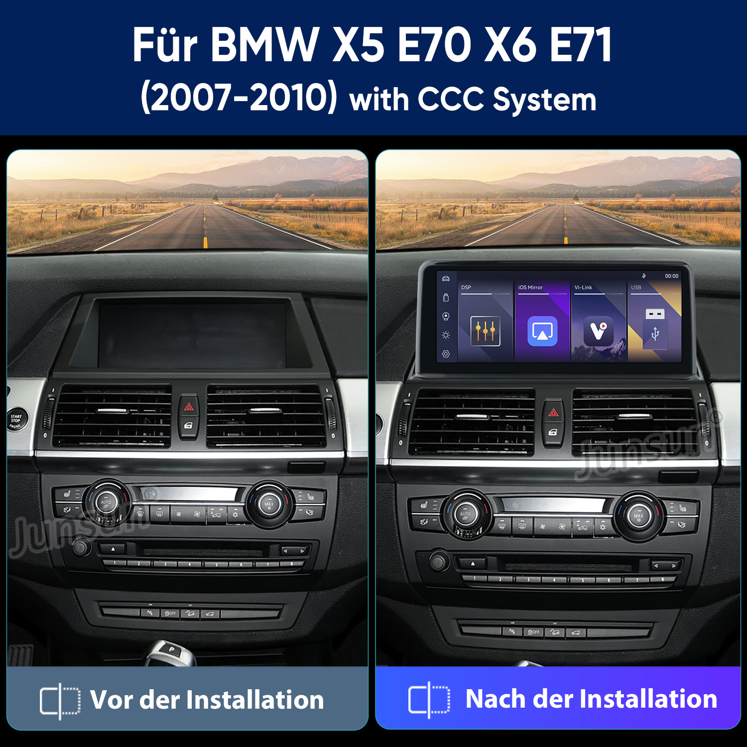 Vergleich eines BMW X5 Armaturenbretts vor und nach der Installation eines modernen Touchscreen-Navis.