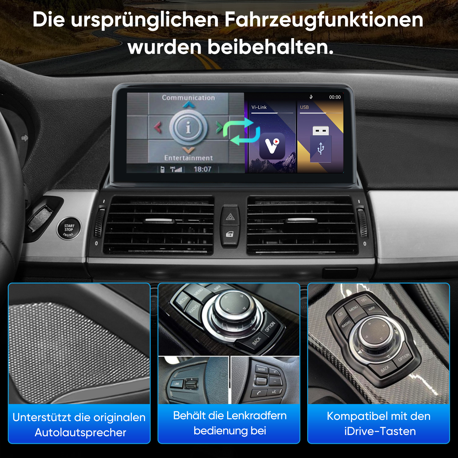 Autocockpit mit Digitaldisplay, Lüftungsdüsen, iDrive-Regler, Lenkradtasten und Lautsprecher.