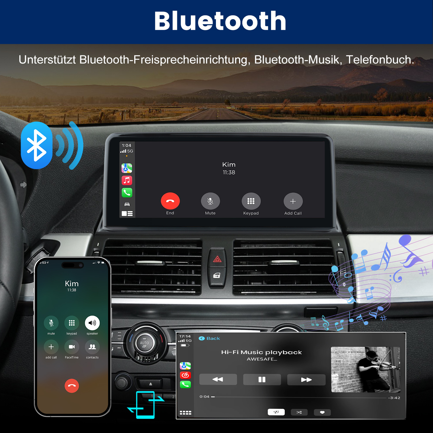 Ein Carplay-Display im Armaturenbrett zeigt Bluetooth-Anrufe und Musikwiedergabe.