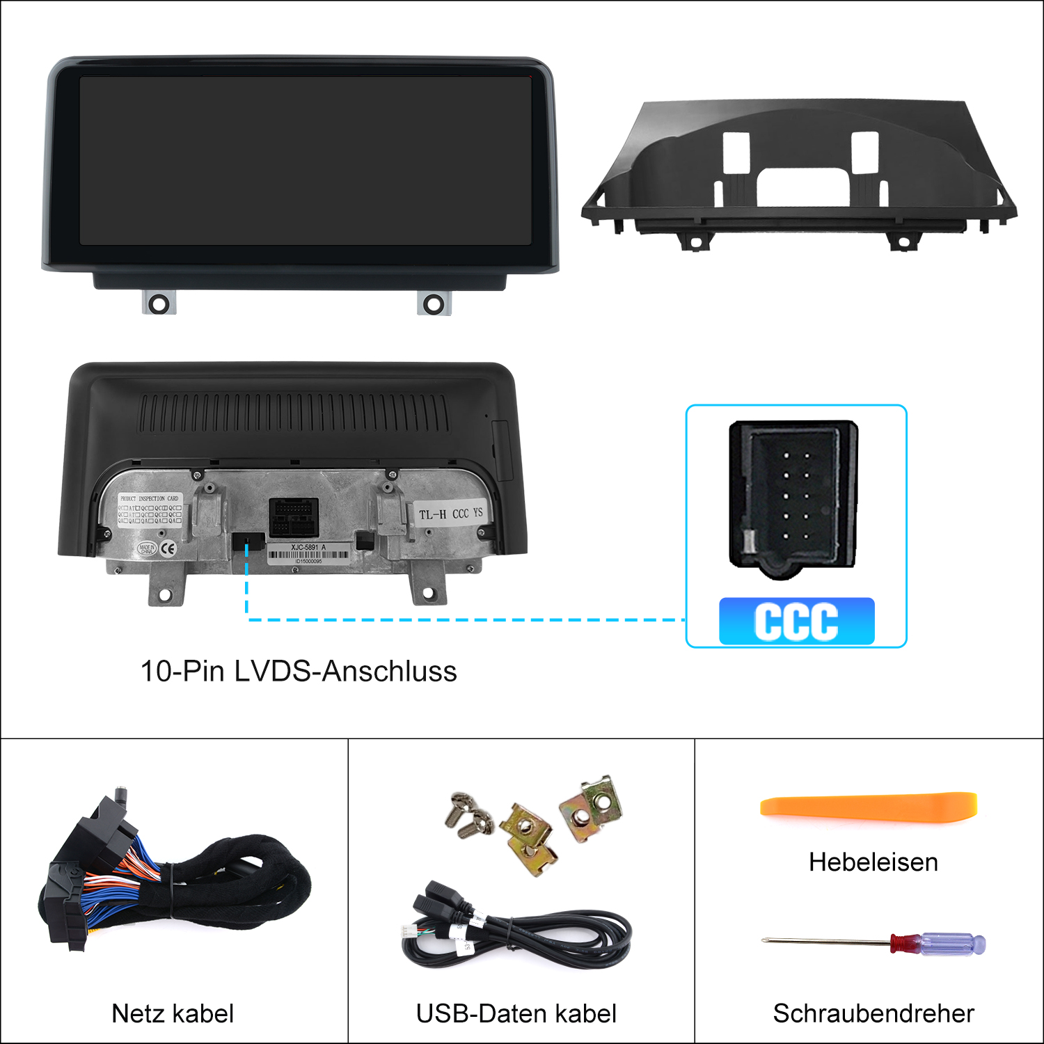 Auto-Display mit Einbaurahmen, 10-Pin LVDS-Anschluss, Kabeln, USB-Kabel, Hebeleisen und Schraubendreher.