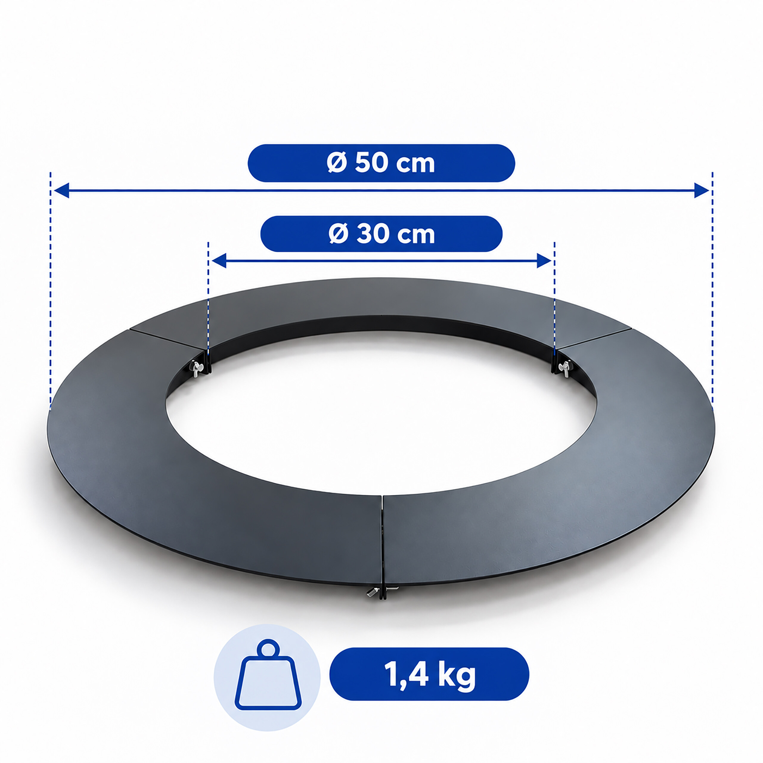 Schwarzer runder Baumring mit 50 cm Außen- und 30 cm Innendurchmesser sowie 1,4 kg Gewicht.