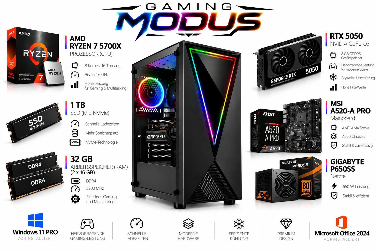 Gaming-PC mit Ryzen 7, RTX 5050, 1TB SSD, 32GB RAM, Windows 11 Pro und Office 2024 auf weißem Hintergrund.