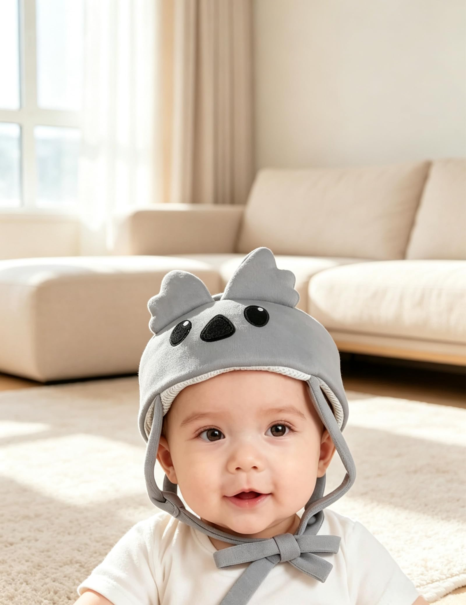 Ein lächelndes Baby mit einer grauen Koala-Mütze sitzt in einem hellen Wohnzimmer auf dem Teppich.