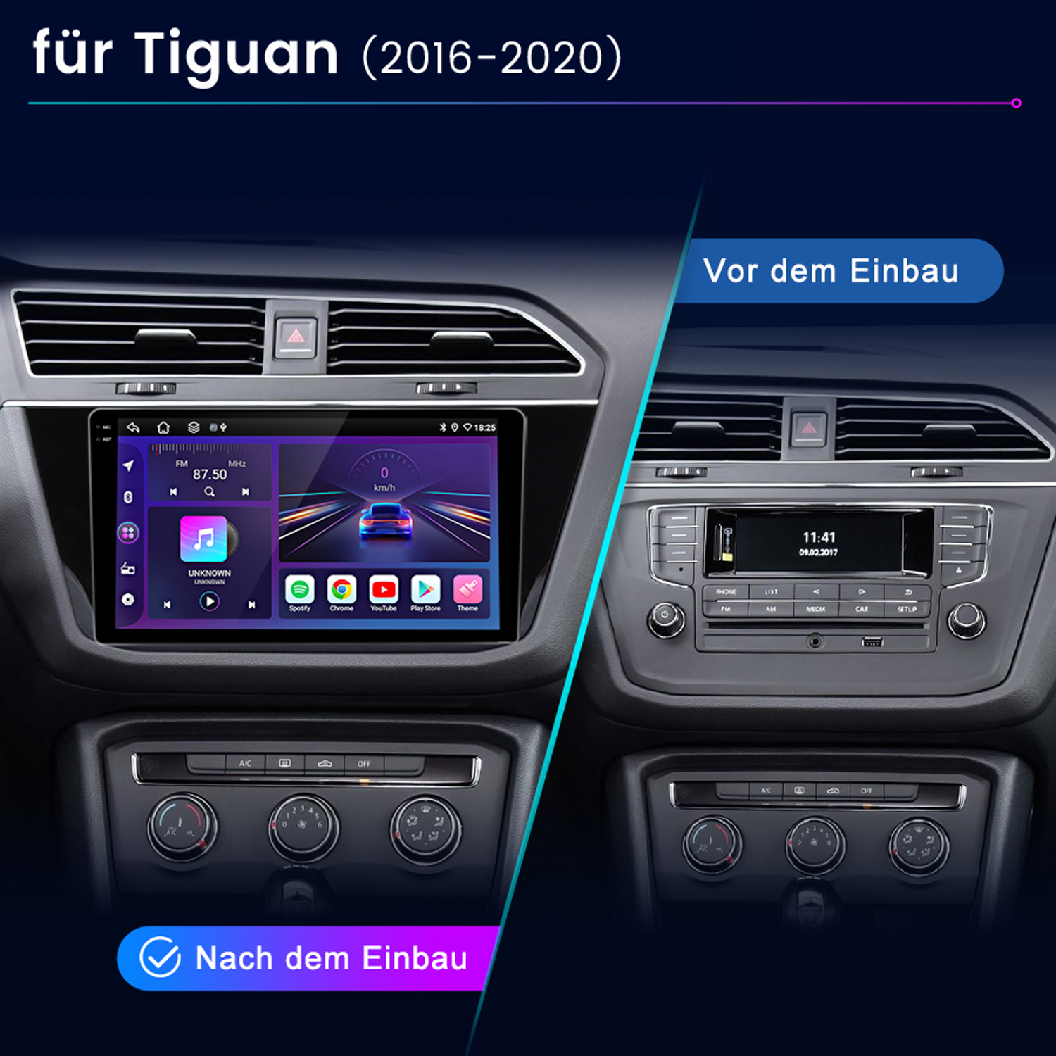 Vergleich eines VW Tiguan Armaturenbretts vor und nach der Nachrüstung mit einem modernen Touchscreen-Radio.