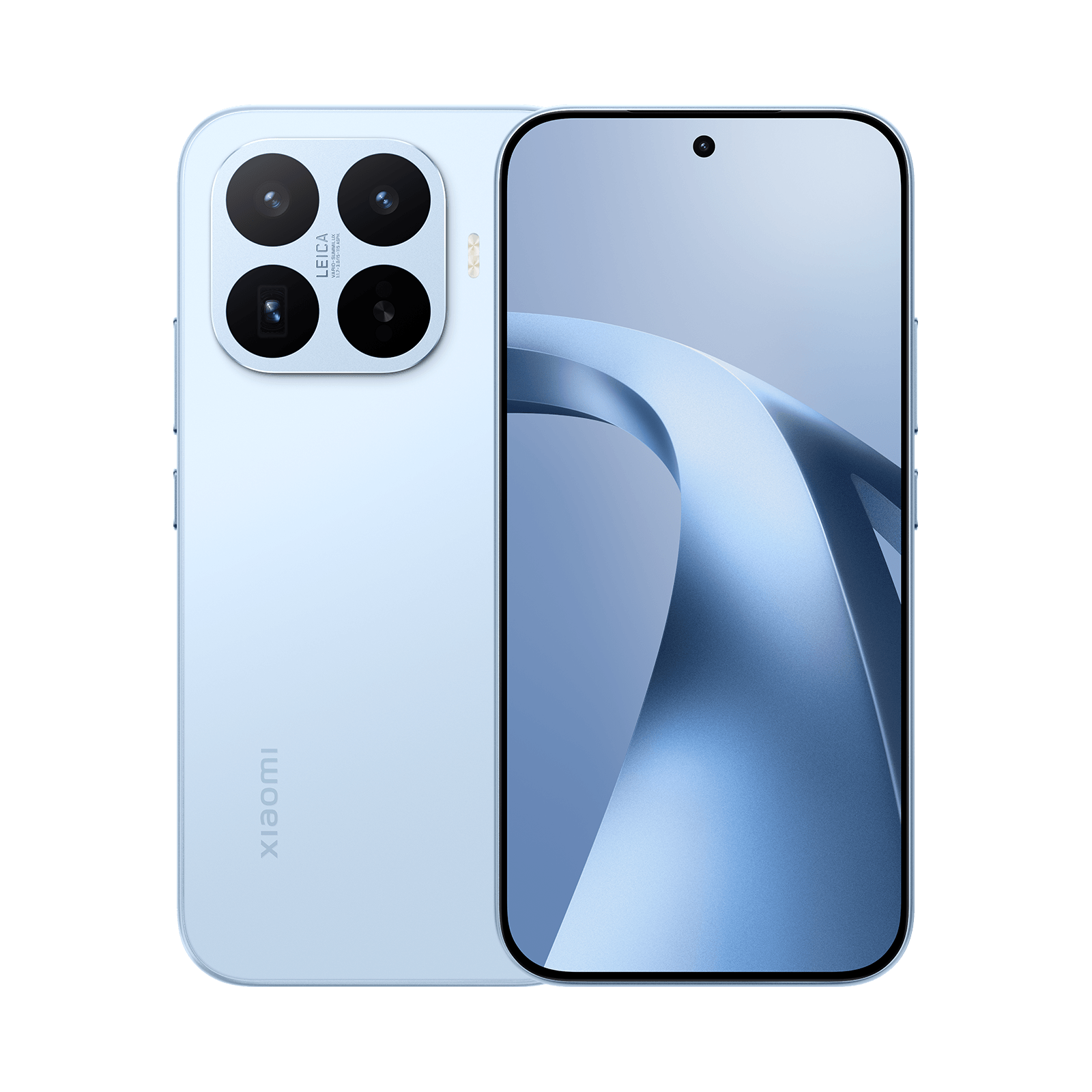 Hellblaues Smartphone mit Frontbildschirm, abstraktem Design und Rückkamera.