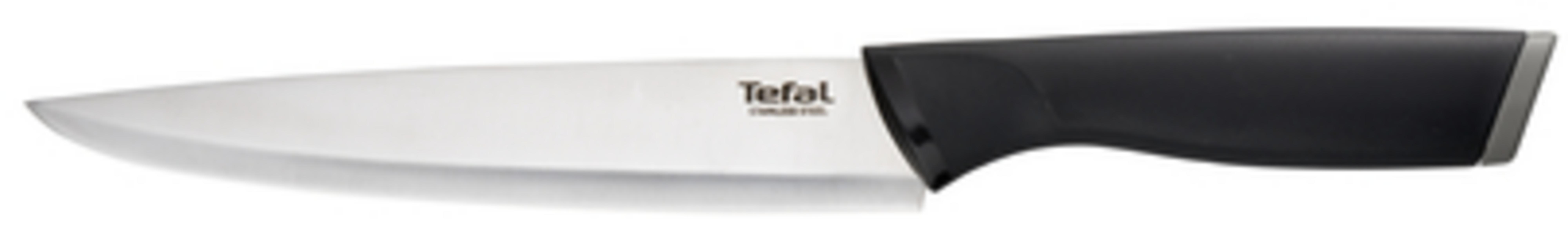 Ein Tefal-Küchenmesser mit silberner Klinge und schwarzem Griff auf weißem Hintergrund.