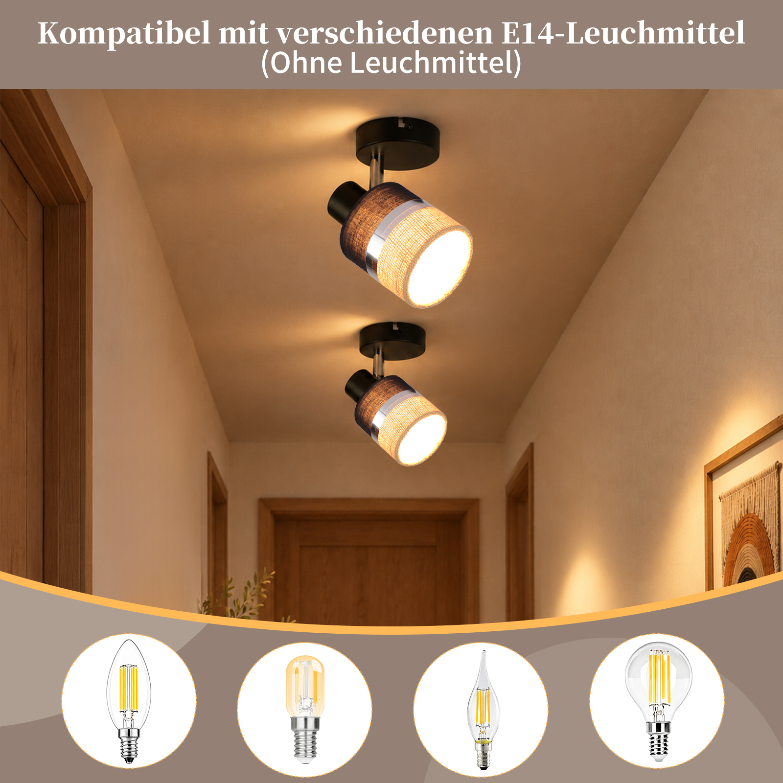 Zwei schwarze Stoffstrahler an einer Flurdecke, unten vier E14-Leuchtmitteloptionen.