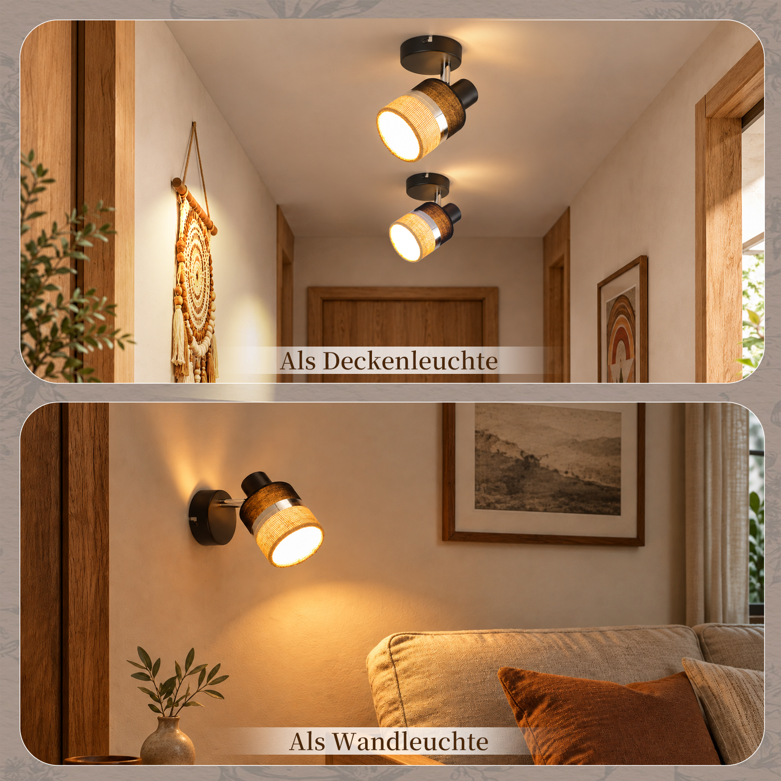 Zwei Bilder von Lampen: oben als Deckenleuchte im Flur, unten als Wandleuchte im Wohnzimmer mit Sofa.