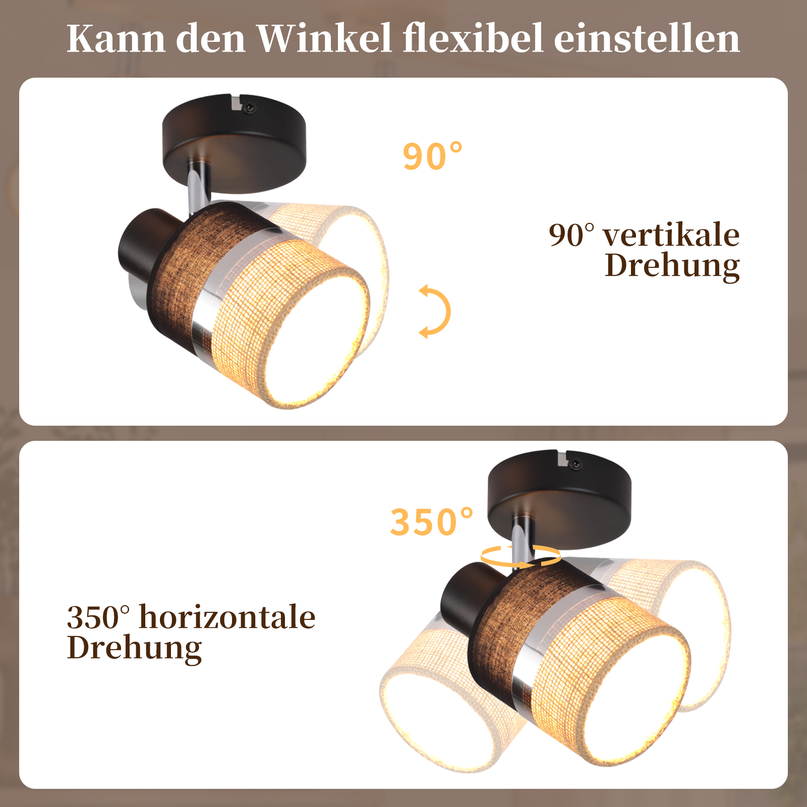 Verstellbarer Deckenstrahler mit 90 Grad vertikaler und 350 Grad horizontaler Drehbarkeit.