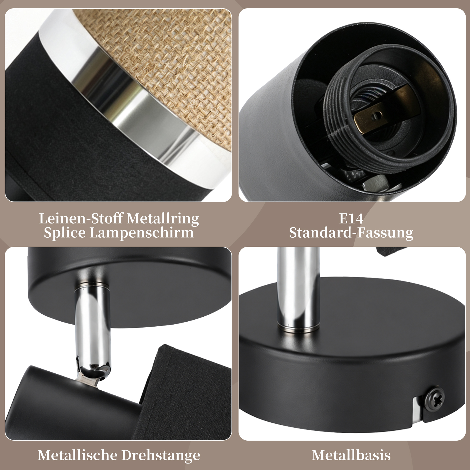Vier Detailbilder einer Lampe zeigen den Leinenschirm, die E14-Fassung, die Drehachse und die Metallbasis.
