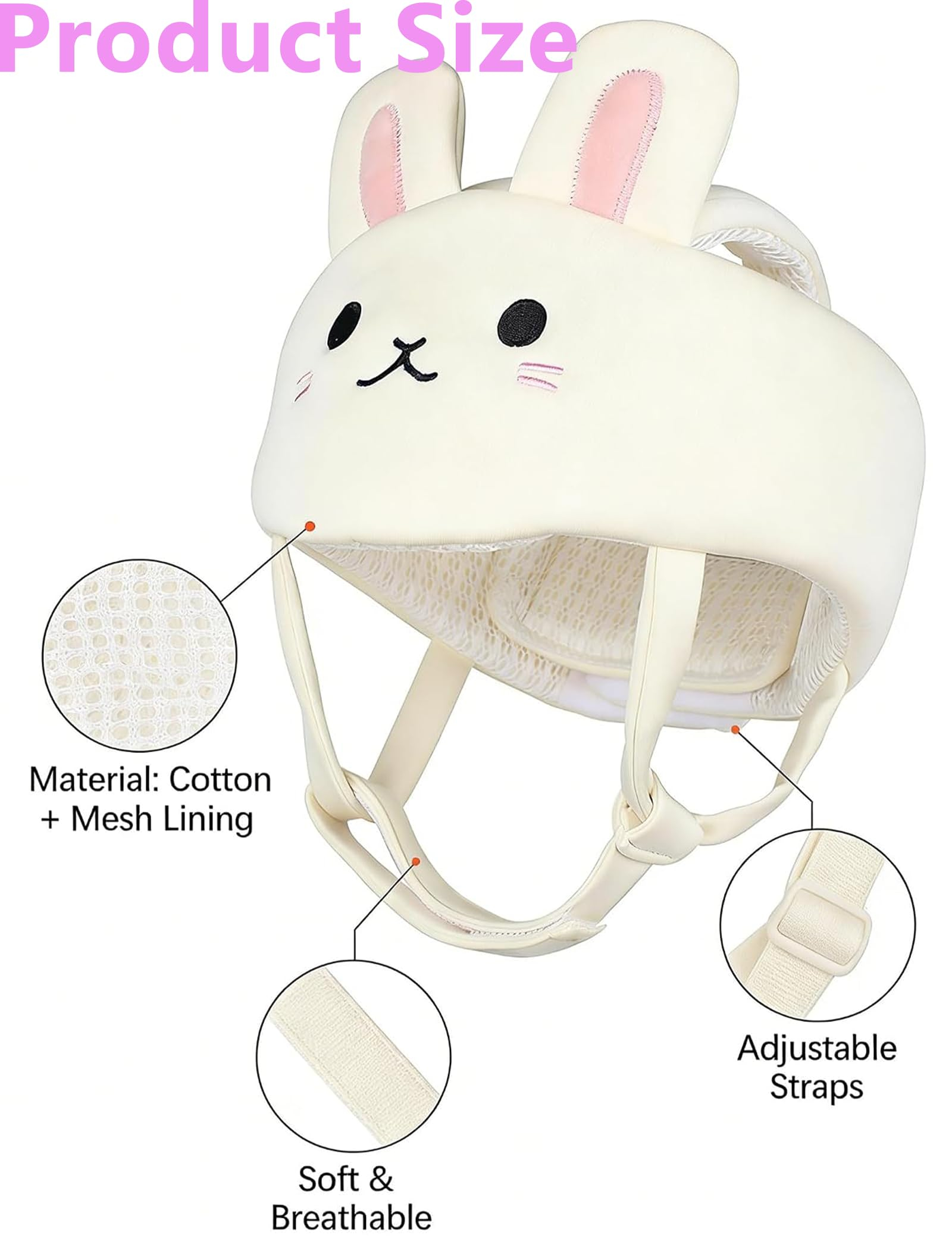 Cremefarbener Baby-Schutzhelm mit Hasenohren und verstellbaren Riemen.