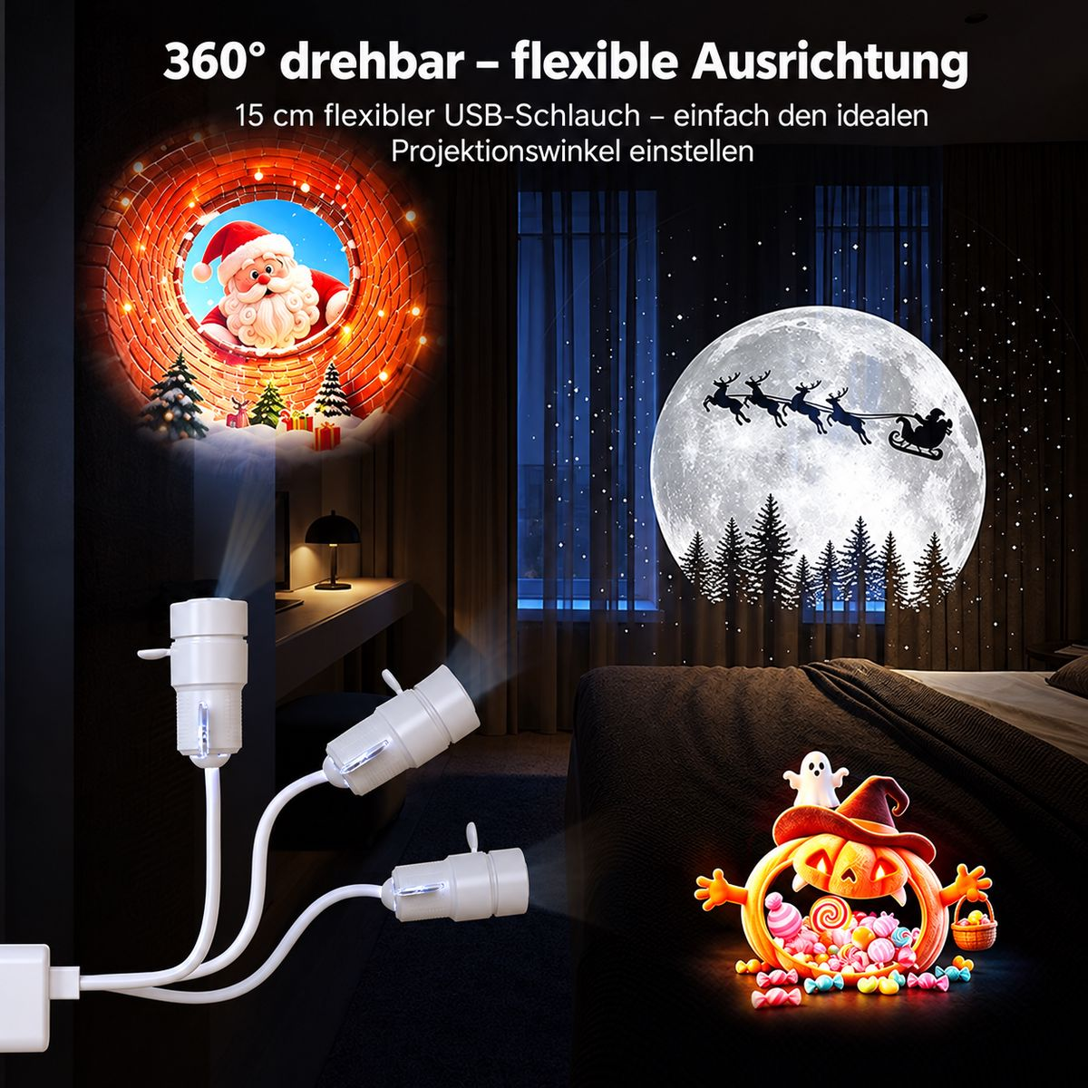 Flexible USB-Projektoren projizieren verschiedene Motive an Wand und Decke eines dunklen Raumes.