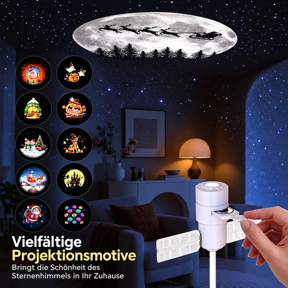 Ein Projektor zeigt eine Sternenhimmel-Decke und verschiedene Motive, während eine Hand ein Dia einsetzt.