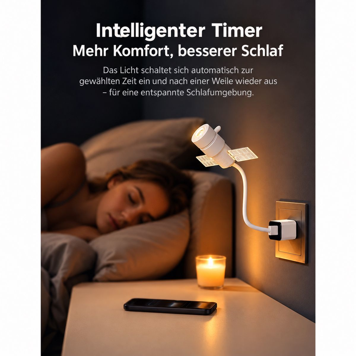 Eine Satelliten-Nachtlampe steckt in der Wand, während eine Frau friedlich im Bett schläft.