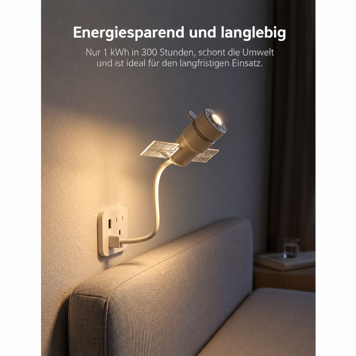 Eine Satelliten-förmige Nachtlampe leuchtet in einem Schlafzimmer neben einem Bett.