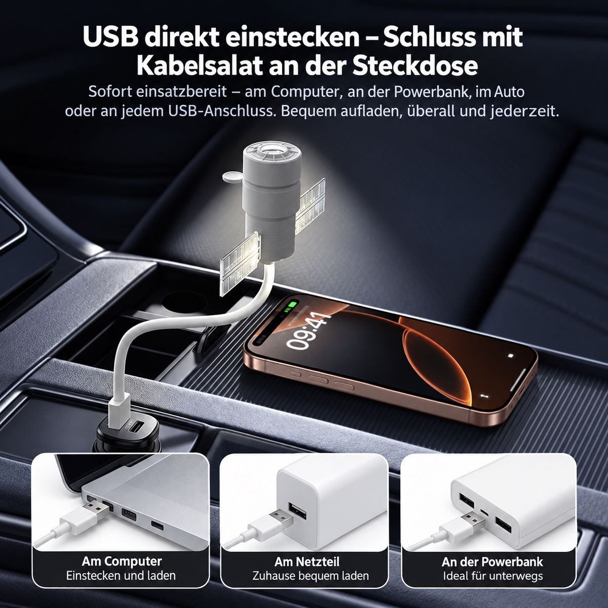 Satellitenförmiges USB-Ladegerät im Auto, mit Insets für Laptop, Steckdose und Powerbank.