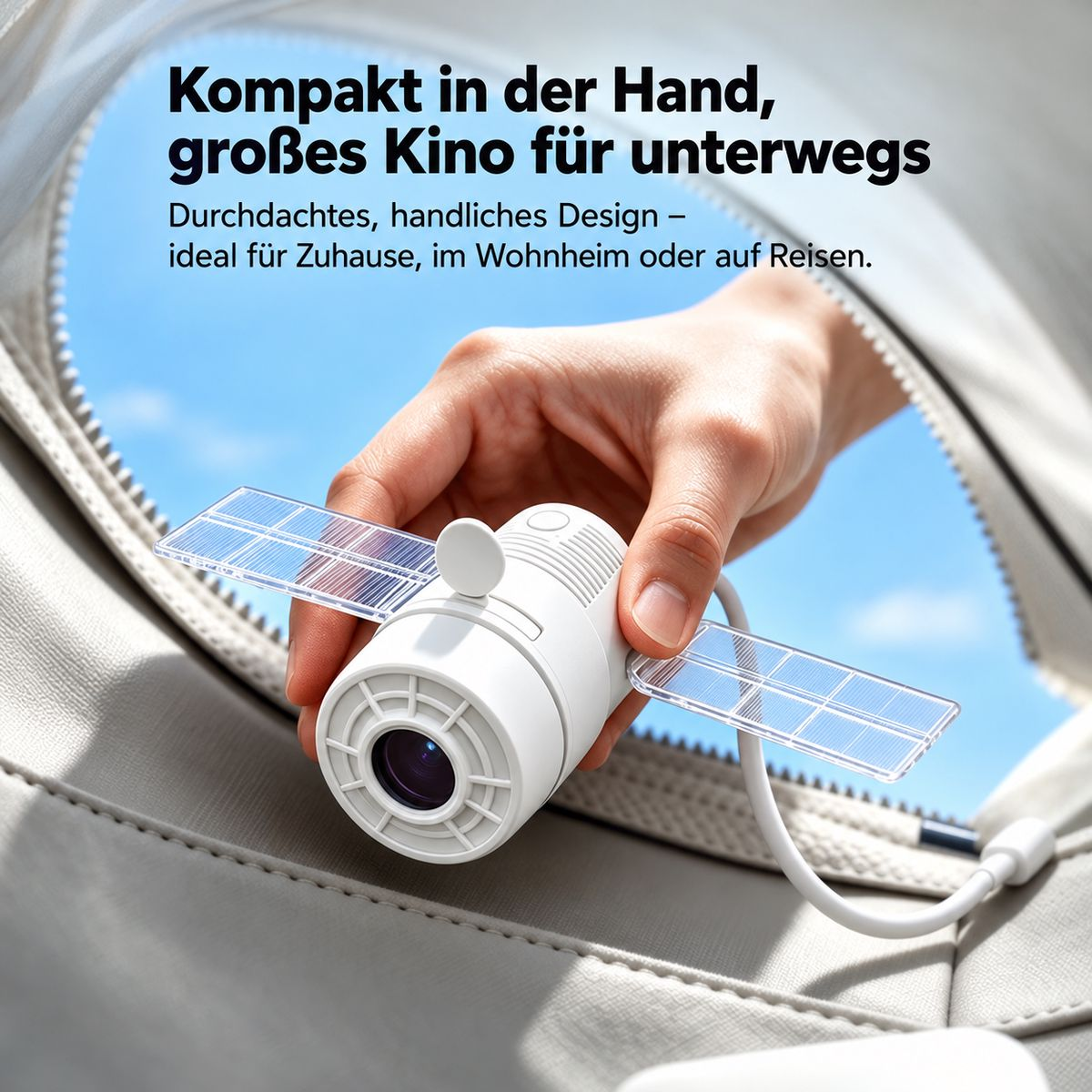Eine Hand hält einen kleinen, weißen Projektor mit Solarpanel-ähnlichen Flügeln aus einer Tasche heraus.