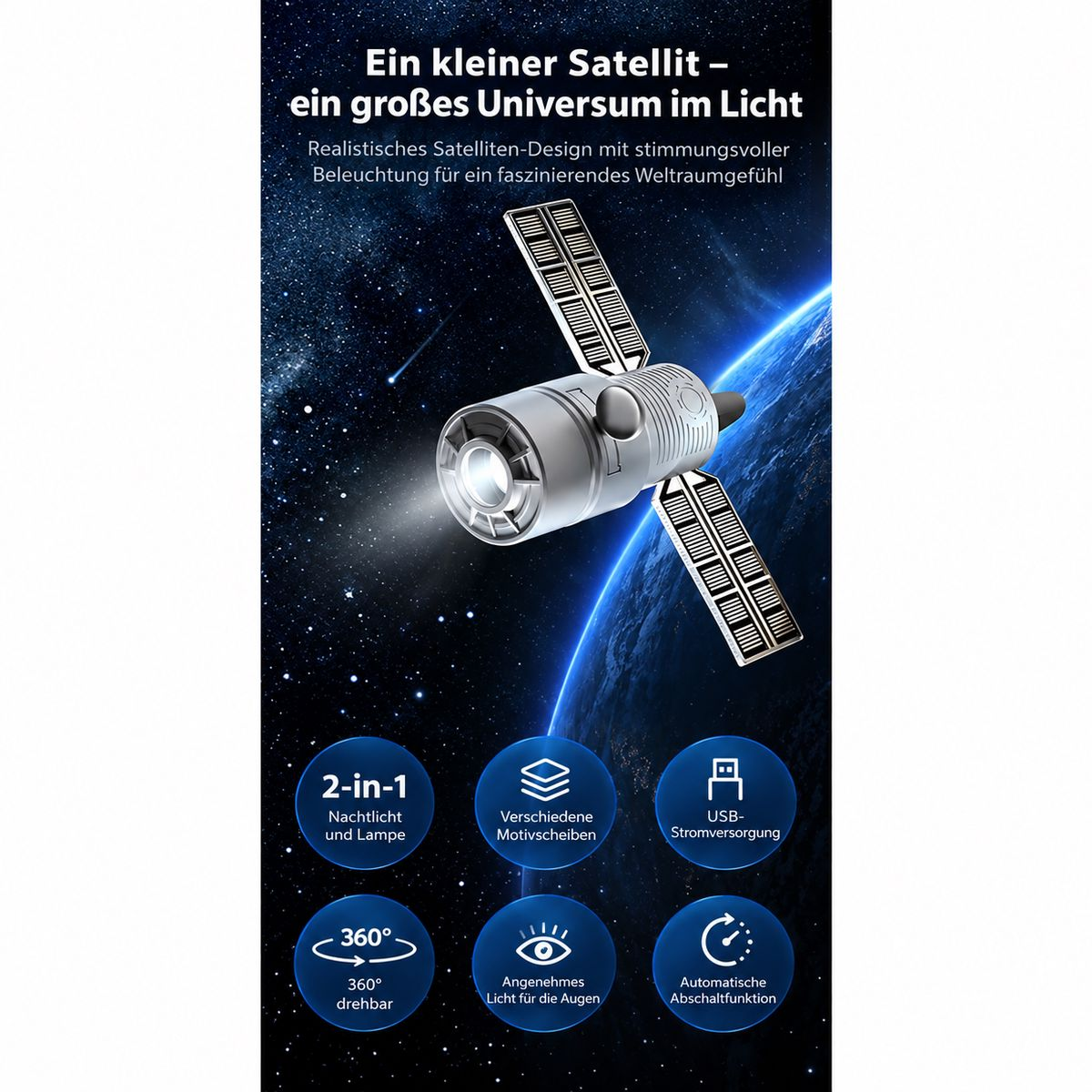 Produktwerbung für eine Satelliten-Lampe vor Weltraum-Hintergrund mit Sternen und sechs Icons für Funktionen.