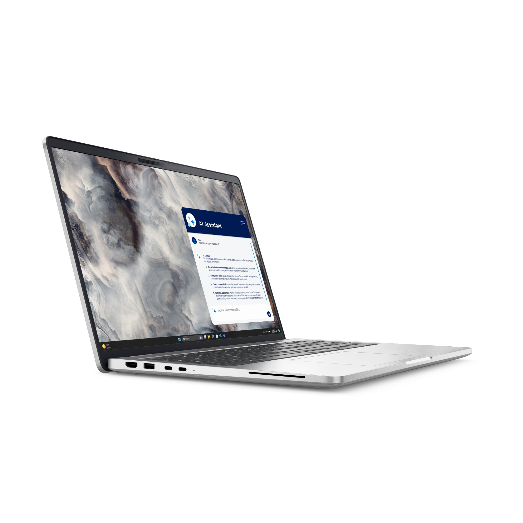 Ein silberner Laptop in Seitenansicht zeigt ein an geöffnetes AI-Assistenten-Fenster auf dem Bildschirm.