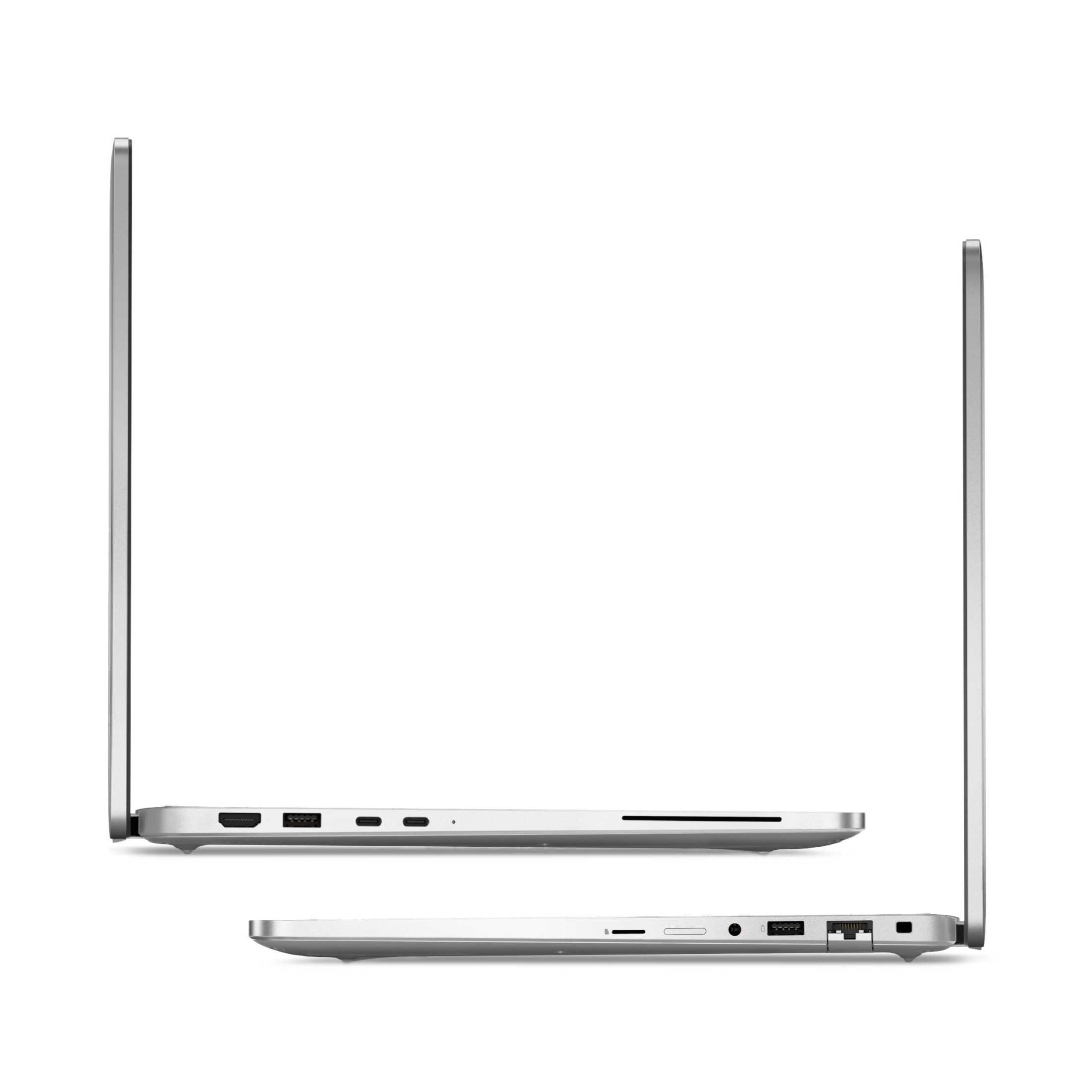 Seitenansichten eines silbernen Laptops mit verschiedenen Anschlüssen auf beiden Seiten.