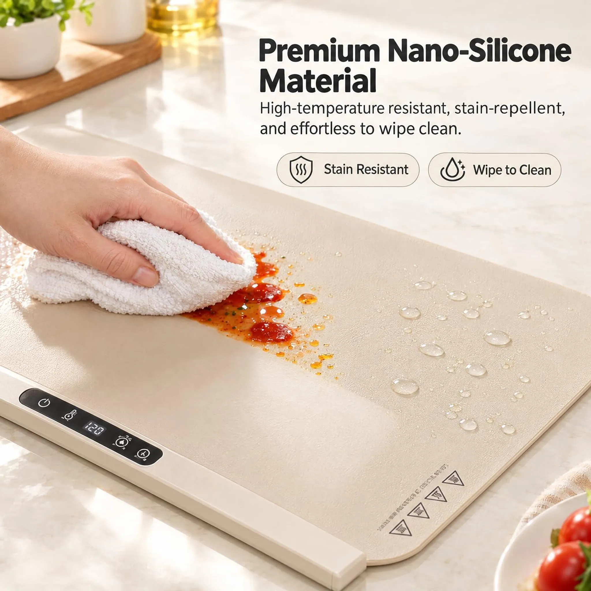 Eine Hand wischt rote Soße und Wasser von einer beigen Nano-Silikon-Heizmatte.