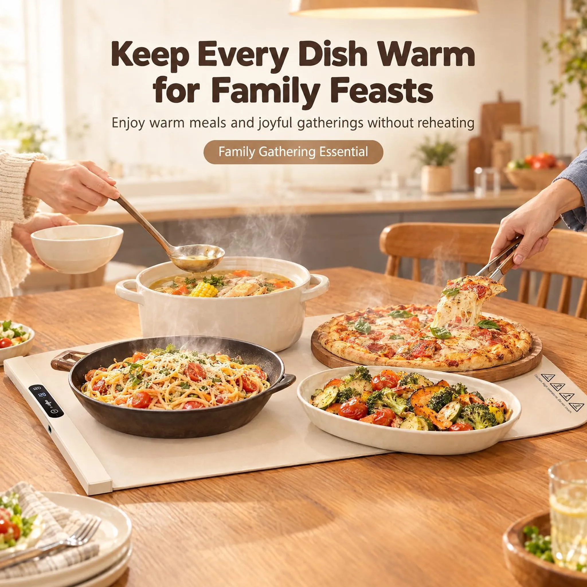Verschiedene warme Gerichte auf einem Tisch mit Text darüber: Keep Every Dish Warm.