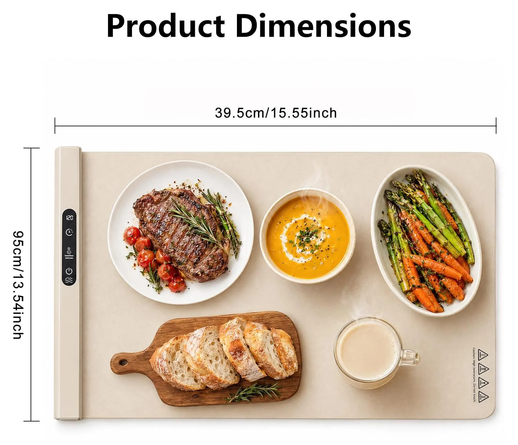 Produktabmessungen über einer Wärmematte mit Steak, Suppe, Gemüse, Brot und Becher.
