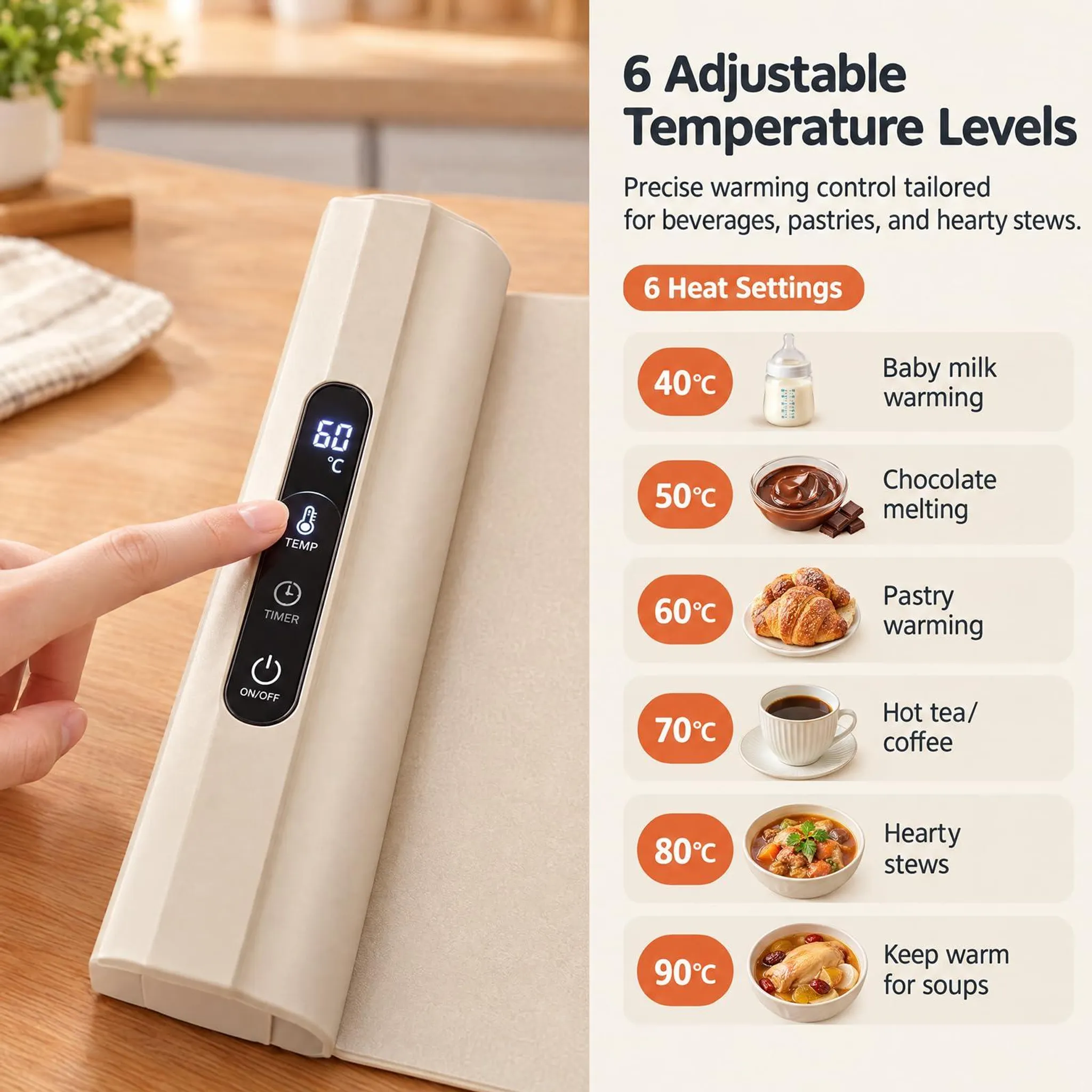Beige elektrische Warmhalteplatte mit Touch-Bedienfeld und sechs Temperaturstufen für verschiedene Lebensmittel.