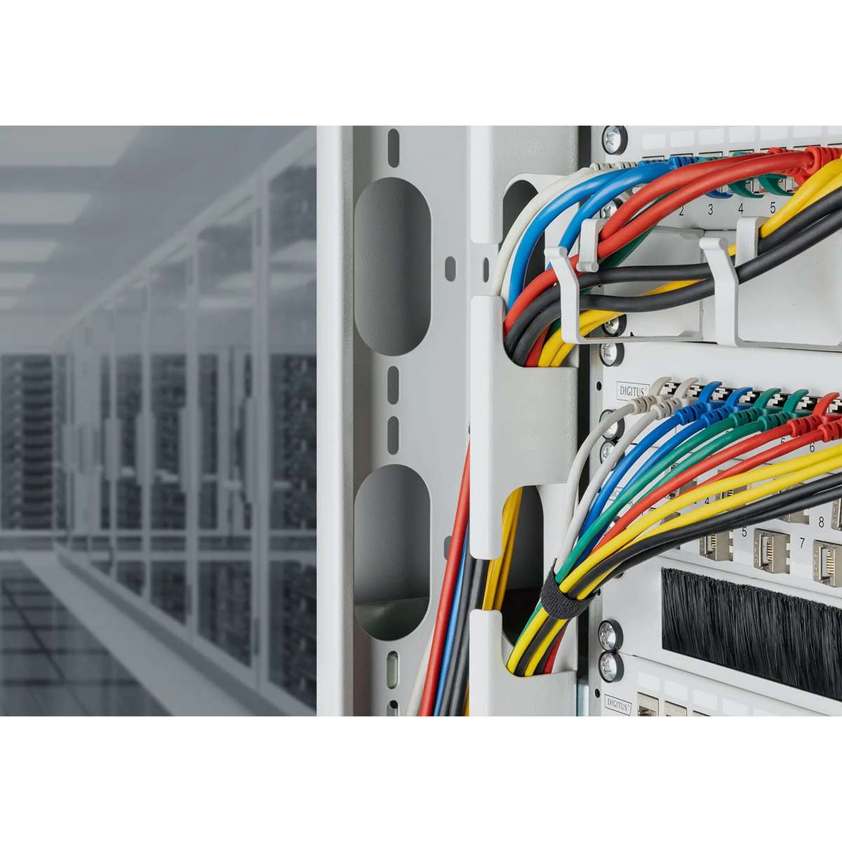 Nahaufnahme von organisierten bunten Netzwerkkabeln in einem Serverschrank mit verschwommenem Hintergrund.