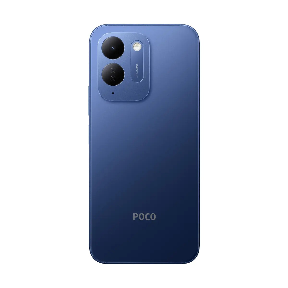 Die Rückseite eines blauen POCO-Smartphones mit zwei vertikalen Kameras und dem POCO-Logo.