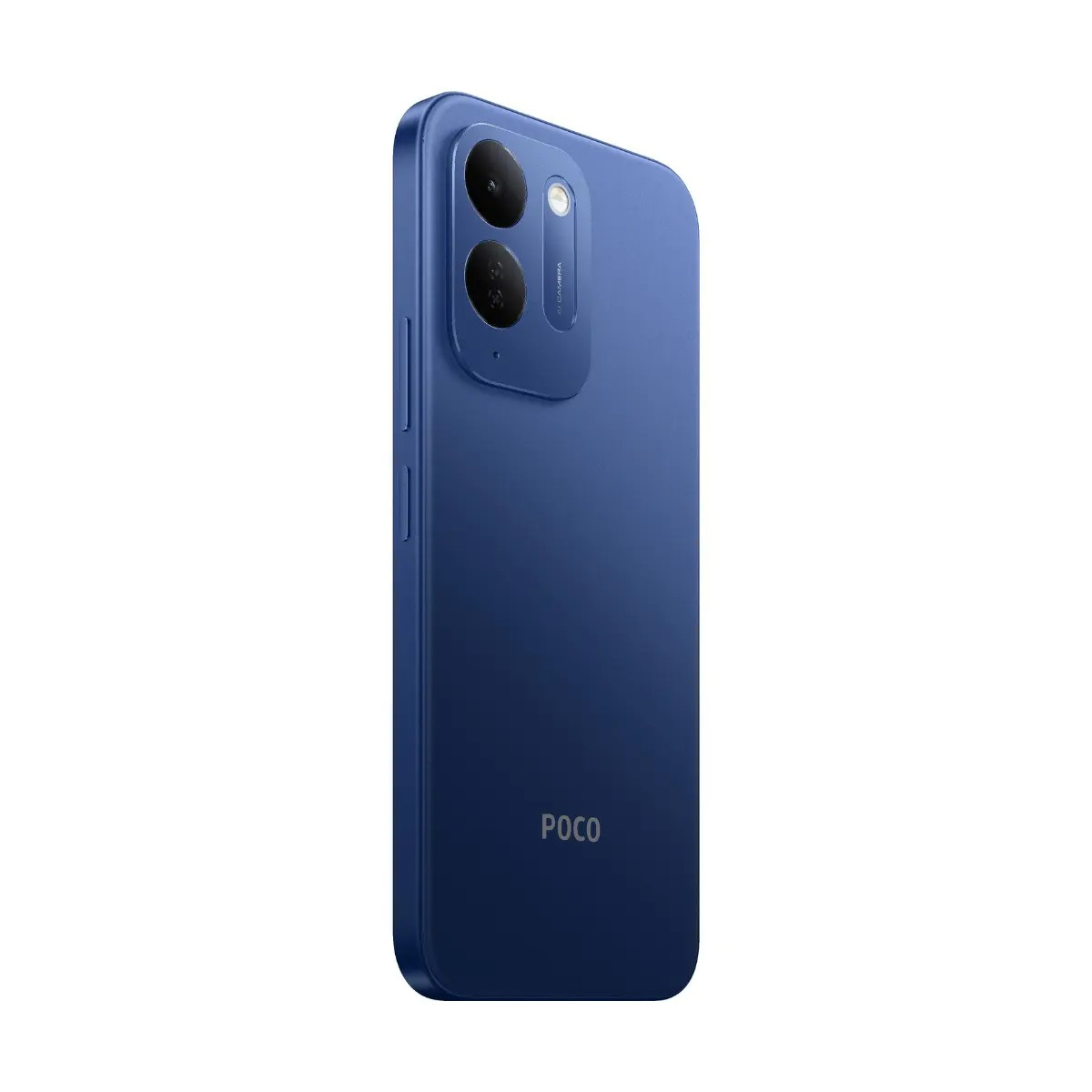 Blaue Rückseite eines POCO-Smartphones mit vertikaler Dual-Kamera und silbernem Logo.