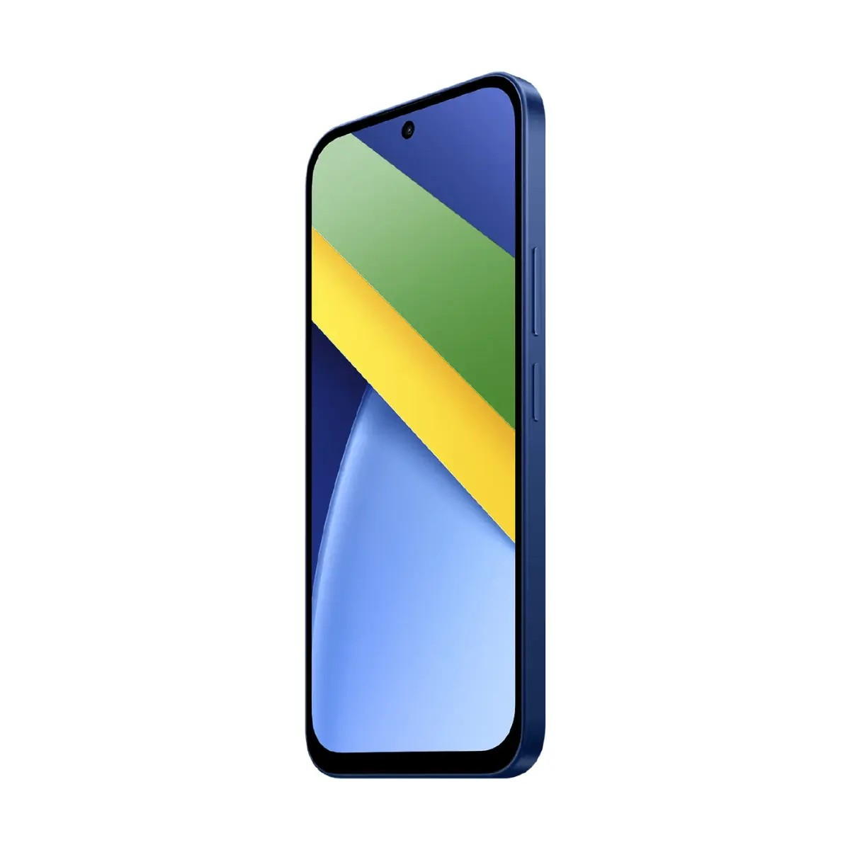 Ein blaues Smartphone mit abgerundeten Ecken und einem farbenfrohen abstrakten Hintergrund auf dem Bildschirm.