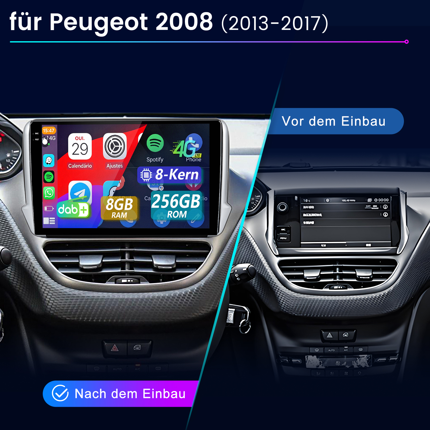 Vergleich Peugeot 2008 Dashboard: Vor dem Einbau alt, nach dem Einbau modernes Touch-Display.
