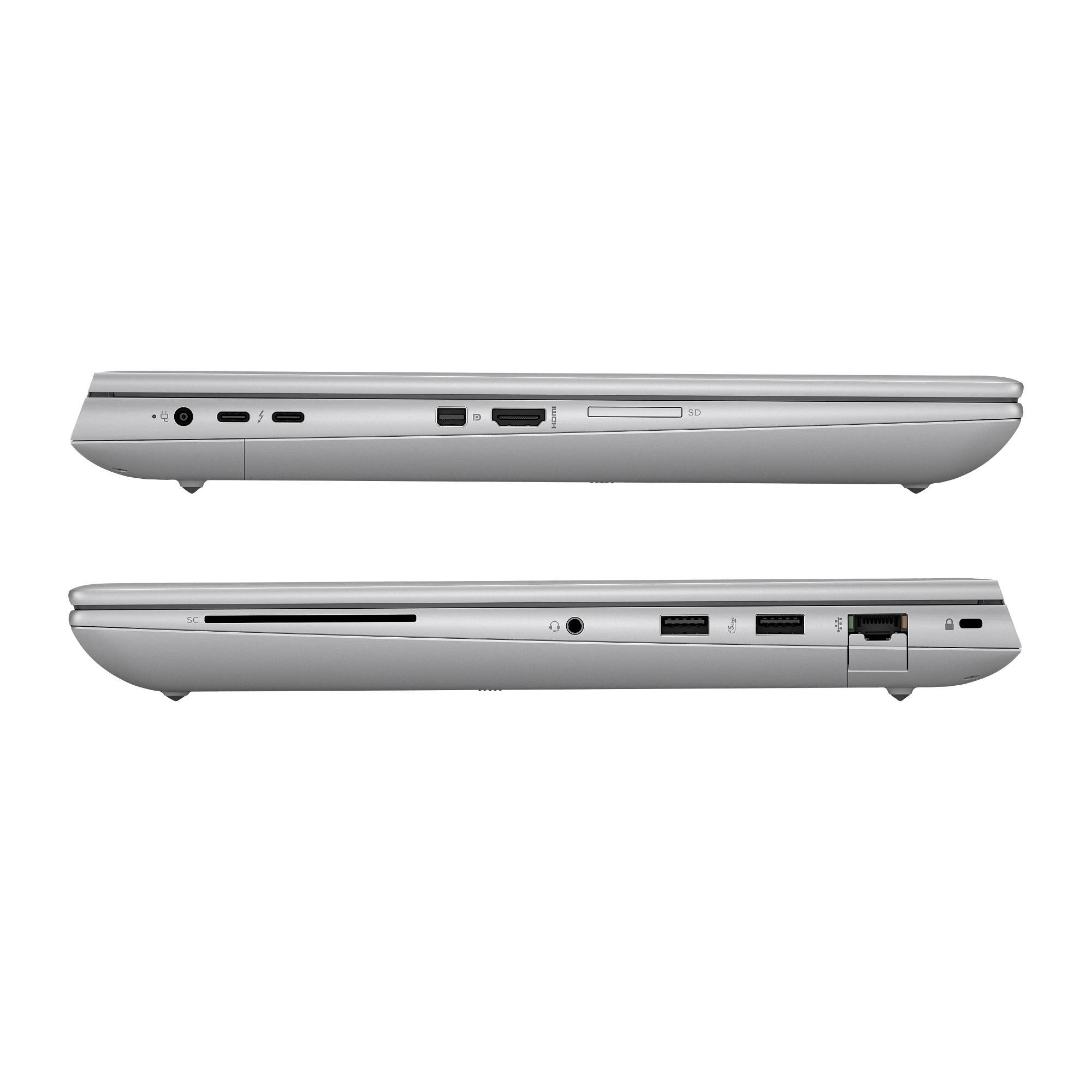 Seitenansichten eines silbernen Laptops mit Anschlüssen auf beiden Seiten auf weißem Hintergrund.