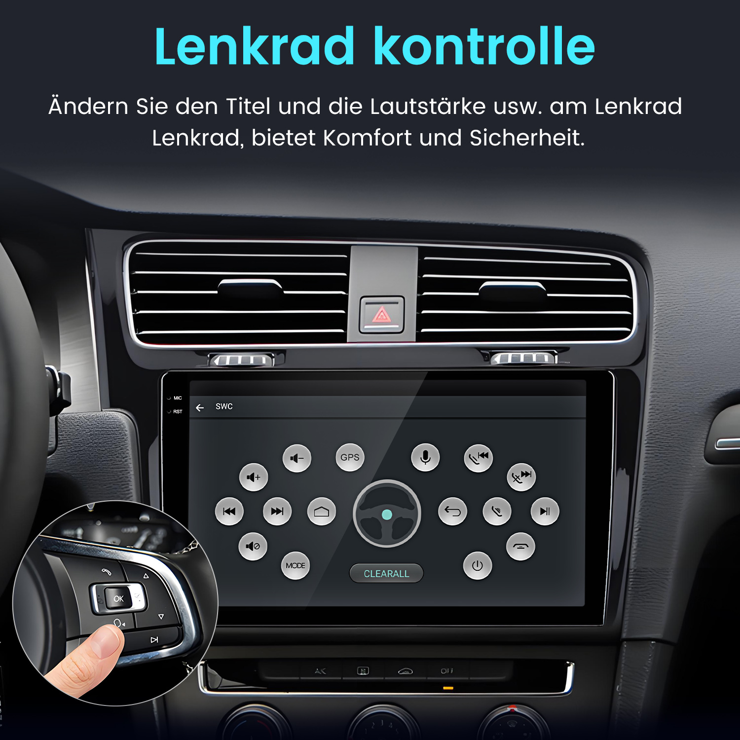 Auto-Infotainment-Bildschirm mit Lenkradsteuerungseinstellungen und einem Zoom auf Lenkradtasten.