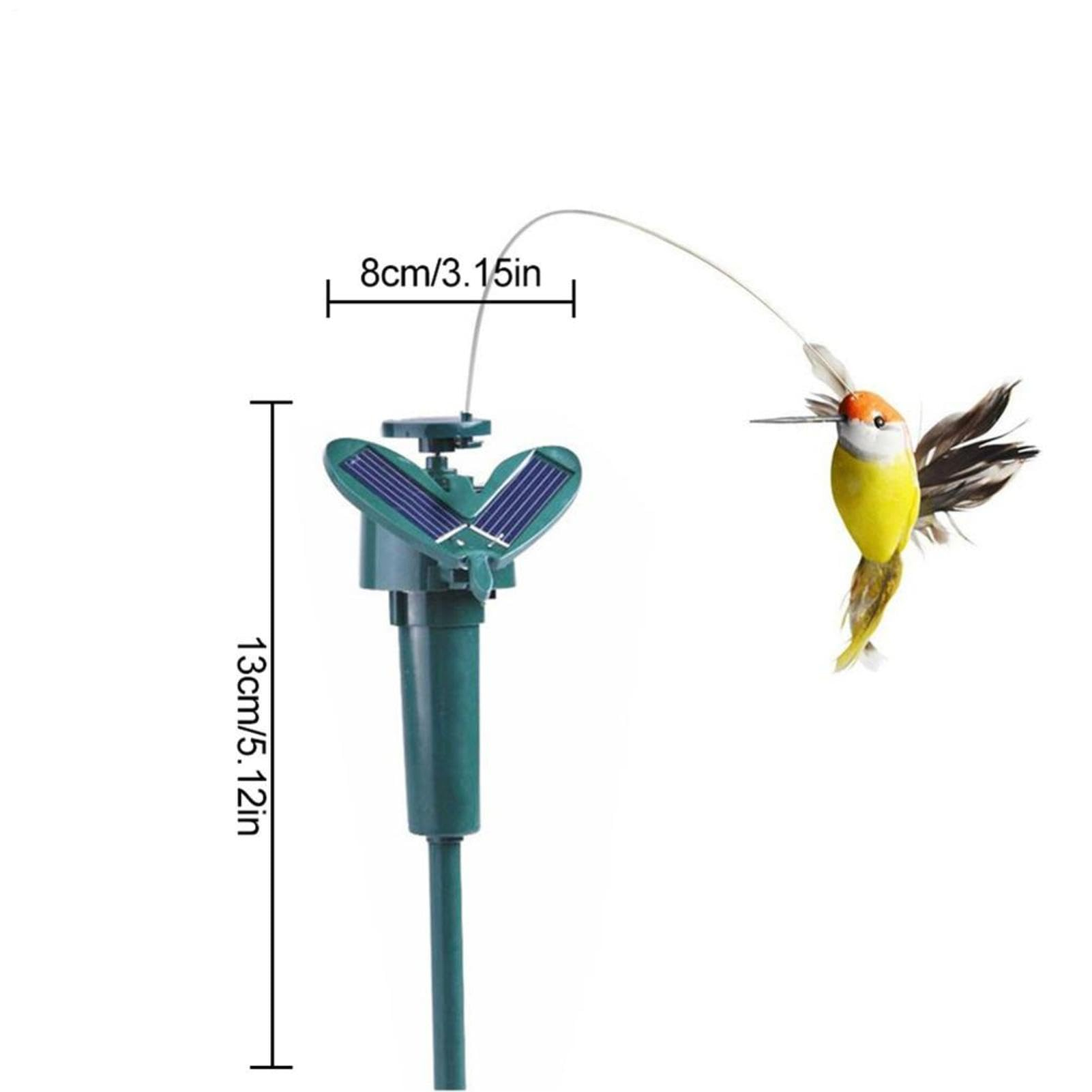 Solarbetriebener Kolibri-Gartenpfahl mit Maßangaben auf weißem Hintergrund.