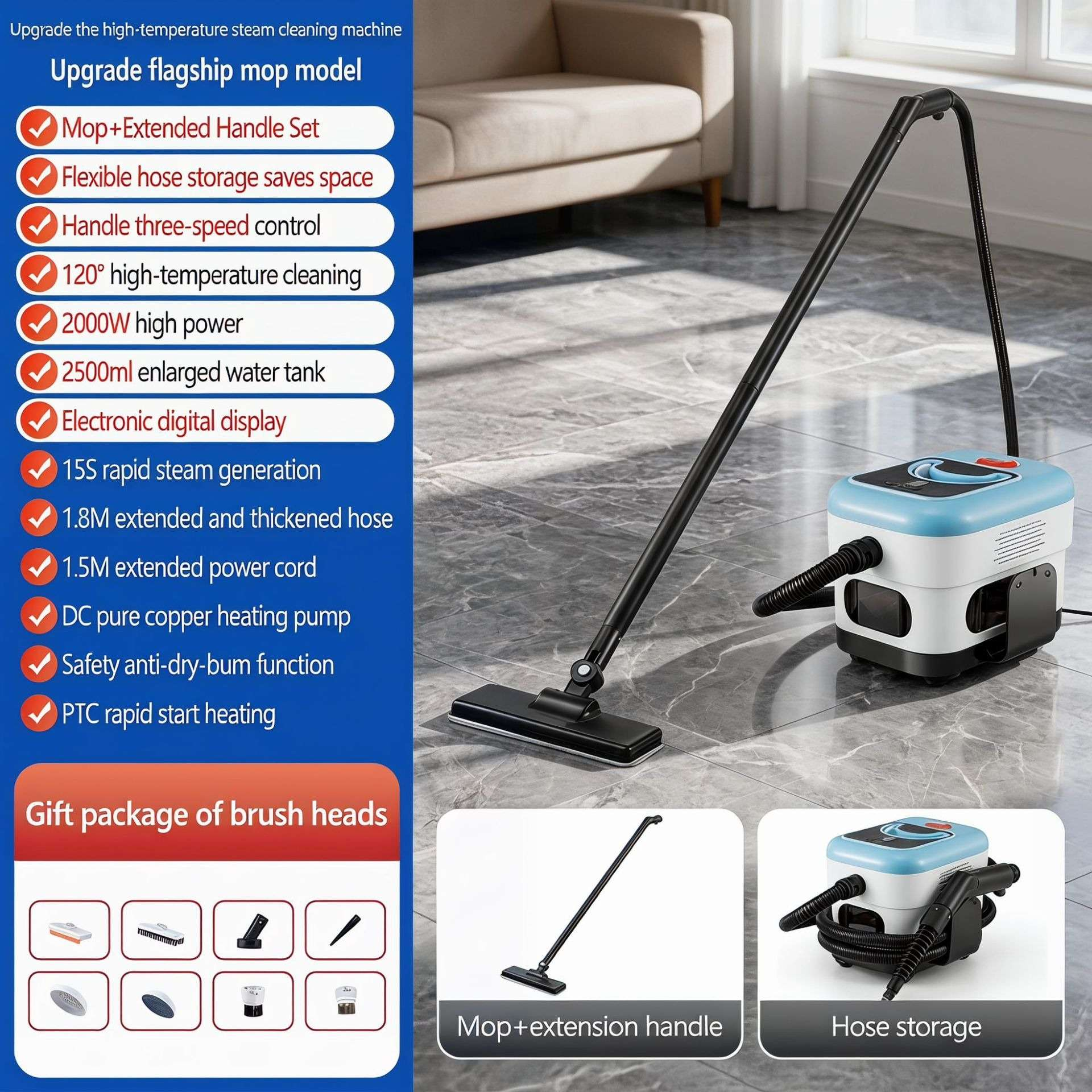 Dampfreiniger mit langem Stiel auf grauen Fliesen, umgeben von Produktfeatures und Zubehör.