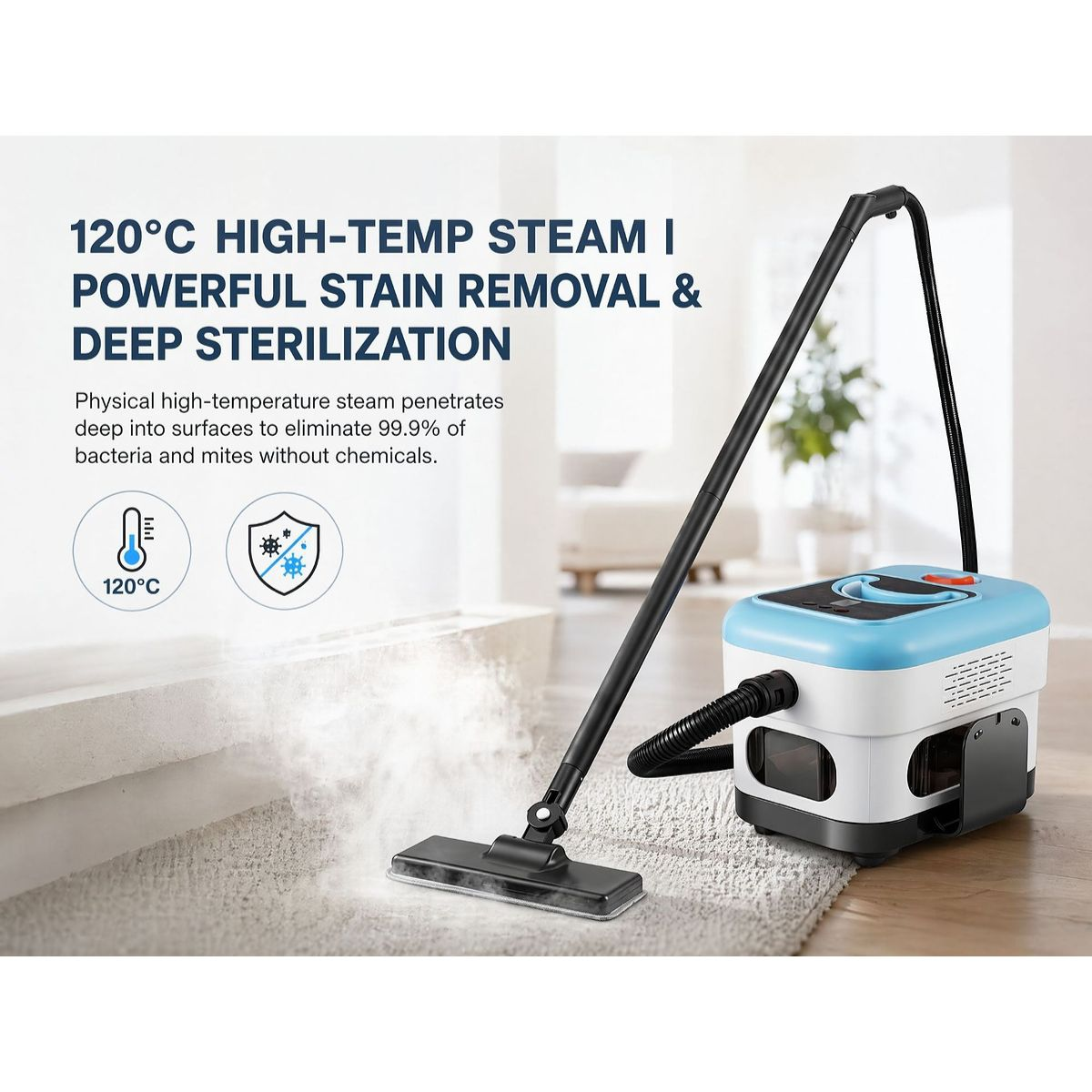 Ein blauer und weißer Dampfreiniger reinigt einen Teppich mit heißem Dampf. Text beschreibt die Funktionen.