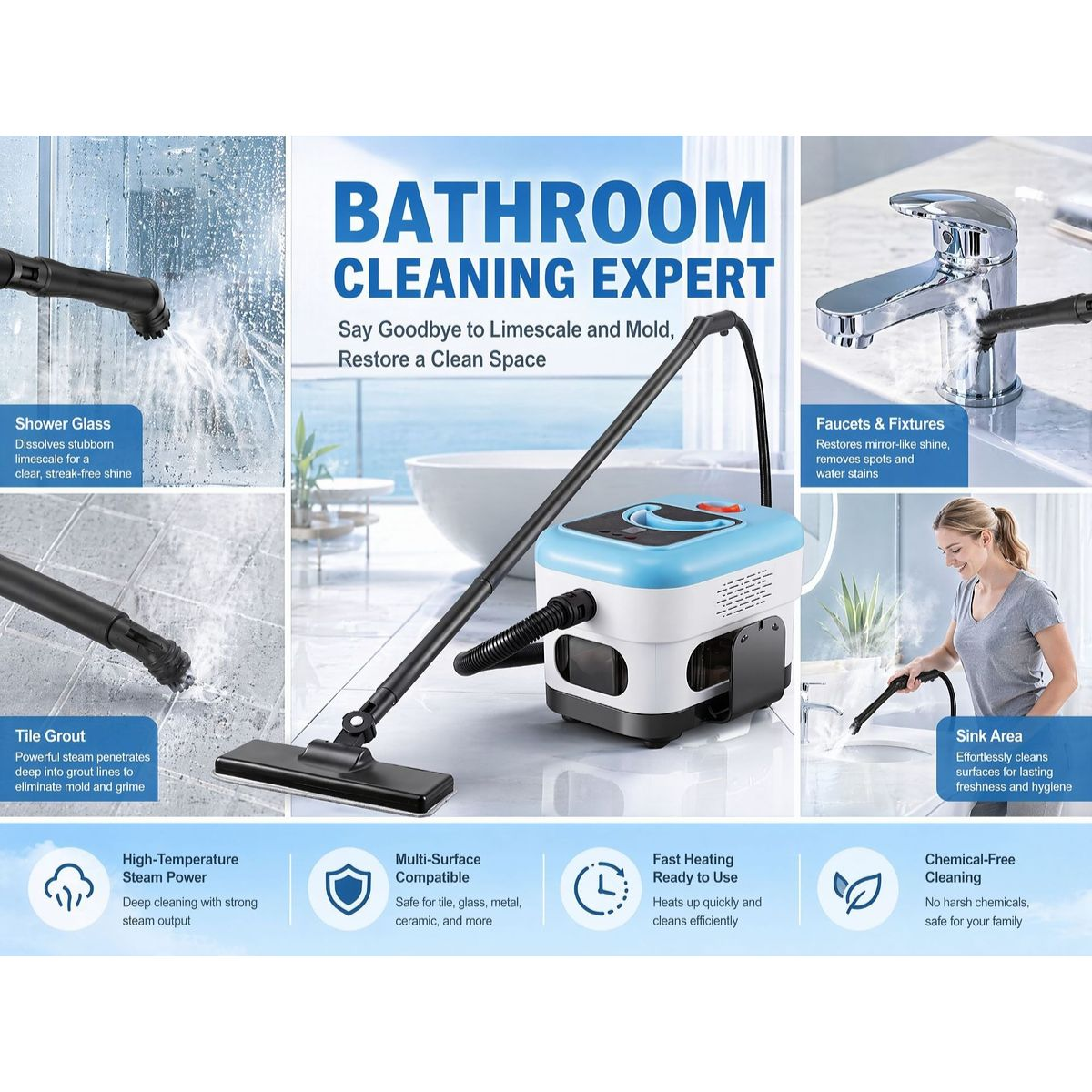 Eine Werbung für einen Dampfreiniger mit Anwendungsbeispielen im Badezimmer und Funktionssymbolen.