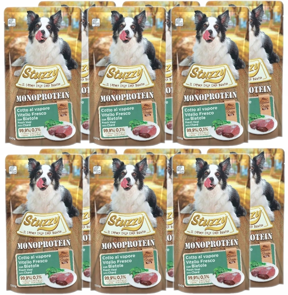 Kilka saszetek karmy dla psów Stuzzy Monoprotein z border collie i cielęciną z mangoldem.