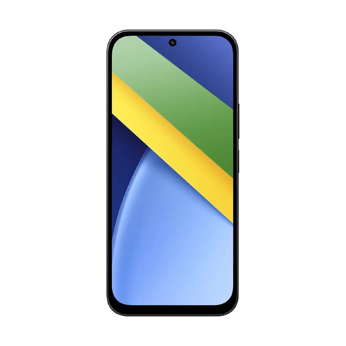 Ein schwarzes Smartphone mit einer abstrakten Farbverlauf-Hintergrundgrafik in Blau, Grün und Gelb auf dem Display.