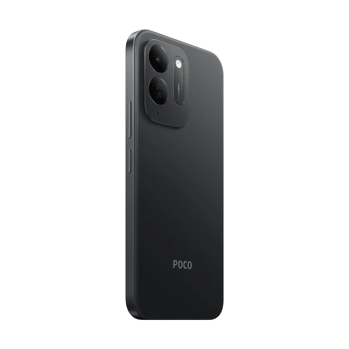 Rückseite eines schwarzen Poco-Smartphones mit vertikaler Dual-Kamera und Logo auf weißem Hintergrund.
